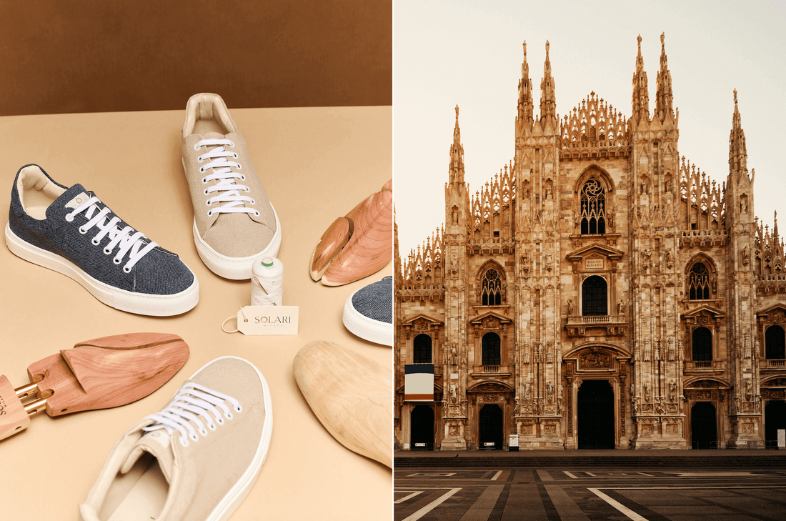 Vegan Guide to Milan with cruelty-free shoes and a view of Milan's iconic cathedral.