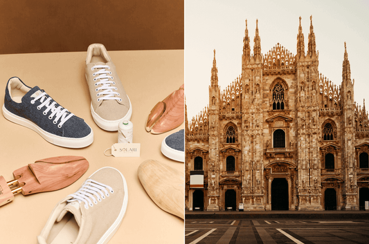 Vegan Guide to Milan with cruelty-free shoes and a view of Milan's iconic cathedral.