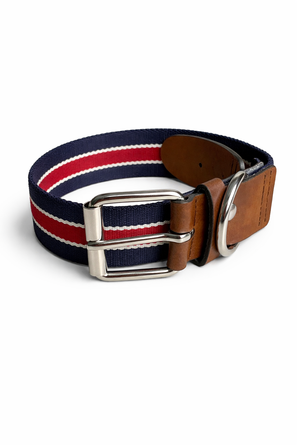 Striped vegan dog collar with a nickel-free buckle and vegan leather detail.