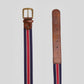Sustainable vegan belt Brera in white, blue and red made out of materials such has acrylic, vegan leather and a nickel-free buckle 100% handmade in Italy.