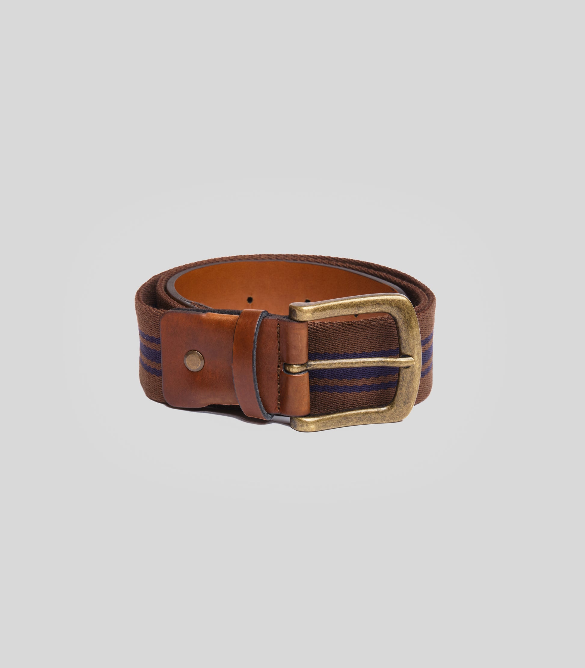 Sustainable vegan belt mascagni brown and blue striped made out sustainable materials such as a nickle-free buckle and vegan leather handmade in Italy.