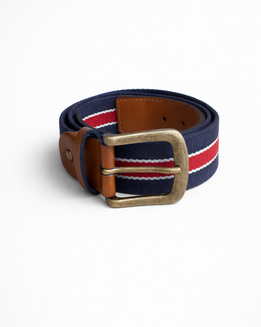 Casual Vegan Belt - Brera showcasing a stylish navy design with red and white stripes and a metal buckle.